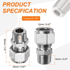 sourcing map 2pcs Compression Fitting 12mm Tube OD x 3/8" NPT Male Thread Stainless Steel Straight Coupler Adapter Compression Tube Pipe Fitting Connector for Oil Gas Water