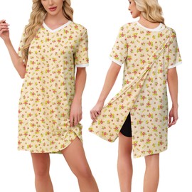 Chunoy Womens Floral Hospital Gown Short Sleeve Open Back Adaptive Nursing Dress Post Surgery Nightgown Floral Large