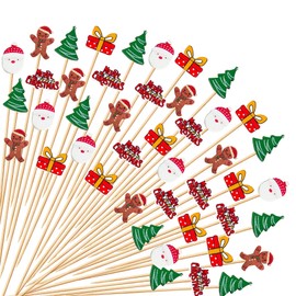 100 pcs Christmas Cocktail Picks, Vintage Themed Xmas Decoration Toothpicks Bamboo Appetizer Fruit Skewers for Christmas New Year Party Food Fruit Drinks Decoration(Christmas B）
