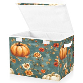 YETTASBIN Thanksgiving Pumpkin Large Collapsible Fabric Storage Bins with Lid and Handles, Sturdy Storage Organizer for Shelves, Closet, Bedroom, School, Office, Home Decor