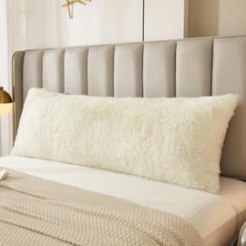 JAUXIO Faux Fur Fluffy Body Pillow Cover Luxury Shaggy Plush Decorative Solid Body Pillowcase, Ultra Soft and Cozy Zipper Closure 21 x 54 Inches, Cream