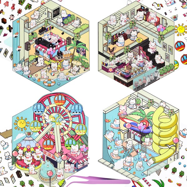 4 Sets DIY 3D Fun Mini House Scenes Stickers with