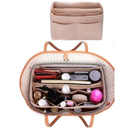 Purse Organizer Insert For Handbags,Tote Bag Organizer Insert with 13 Pockets, Felt Cloth Cosmetic Insert Organizer,Detachable Handbag Insert Bag with Zipper,Compatible with Neverful Speedy (Beige)