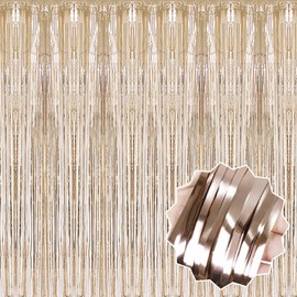 3 Pack 3.28x8.2 Ft Champagne Gold Foil Fringe Curtains Backdrop, Metallic Tinsel Streamers Curtains Backdrop for Photo Booth, Birthday, Graduation, Mother's Day, Disco, Celebration Party Decoration