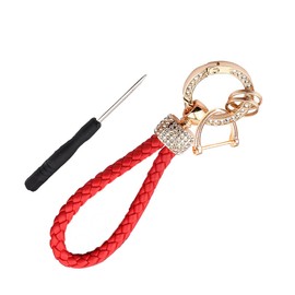 Leather Car Keychain with Bling Rhinestones, Snap Swivel Key Ring, Key Tag Car Key Fob Holder, Key Organizer for Men Women, Anti-Lost D-Ring (Red)