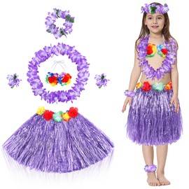 Fortuning's JDS 40cm Girl's Hawaiian Hula Grass Skirt with Flowers Costume for Luau Beach Party Performance Outfits Decor Purple