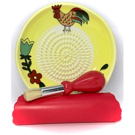 BonCera, All-in-one Premium Ceramic Garlic Grater Plate 4-Piece Set - Rooster Design, Classic Style - For Garlic, Ginger, Chocolate, and more! - Comes with 5.25" Plate, Peeler, Brush, and Stand
