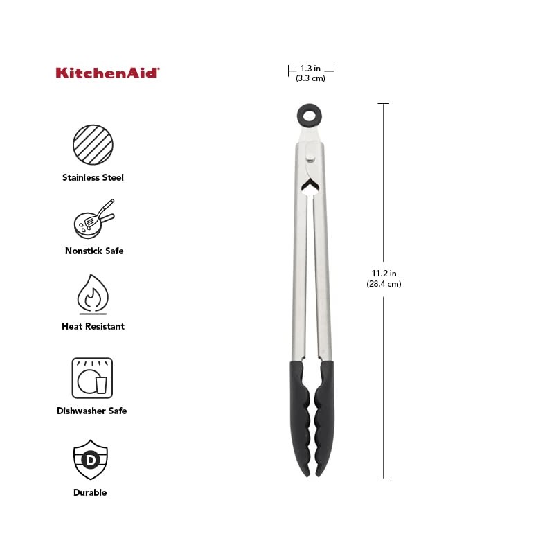 KitchenAid Silicone Tipped Stainless Steel Tongs, 12 Inch, Black