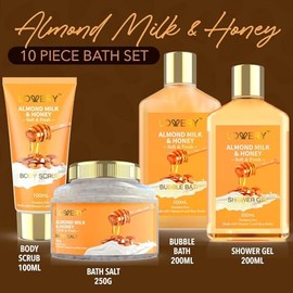 Cesta de regalo para mujer, 10 piezas, leche de almendra, miel, belleza y cuidado personal, paquete de baño en casa para relajarse, kit de cuidado per