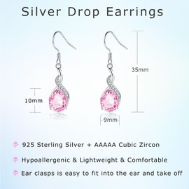 Cangall Silver Drop Earrings for Women, 925 Sterling Silver Dangle Earrings with Pink Cubic Zircon, Hypoallergenic Twisted Linear Silver Teardrop Dangly Earrings Jewelry Gift for Christmas Birthday