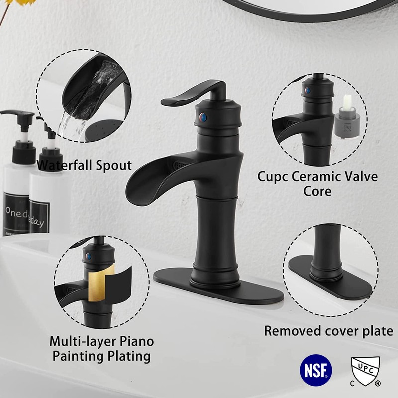 Waterfall Bathroom Faucet GGStudy Black Single Handle One Hole Farmhouse