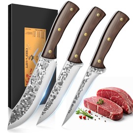 UniqueFire Chef Knife set 3Pcs, Professional Kitchen Knives, Sharp Butcher knife sets, Hand-forged High Carbon Steel Fillet Knife Meat Cleaver Viking Boning knife for Cooking, Gift Box