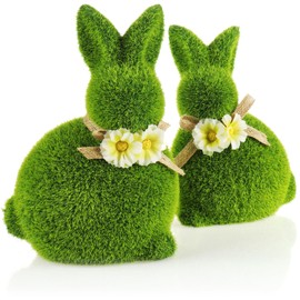 com-four® 2x decorative figure - Easter bunny with bow and flowers - ceramic rabbit figure for spring and Easter - pair of rabbits covered with artificial grass - Easter decoration (2 x bunny 20 cm)