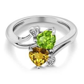 Gem Stone King 925 Sterling Silver Green Peridot Yellow Citrine and White Diamond Ring For Women (1.56 Cttw, Heart Shape 6MM, Gemstone August Birthstone, Available In Size 5, 6, 7, 8, 9)