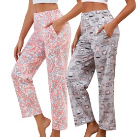 PNAEONG - Pantalones de pijama de algodón para mujer, cómodos, con estampado suave, con bolsillos, Coffee+pink Paisley, M