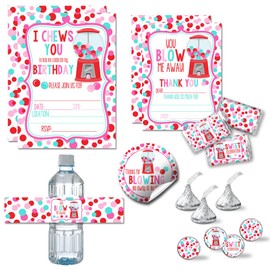 Amanda Creation Super Deluxe Pastel Bubble Gum Valentine's Day Birthday Party Bundle, Includes 20 Invitations & Thank You Cards & Envelopes plus Stickers and Water Bottle Labels!