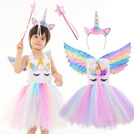 JONRRYIN Rainbow Unicorn Costume Children, Girls Unicorn Princess Dress, Girls Princess Dress with Wings, Fairy Sticks, Headband, Used for Carnival, Party Princess Dress (7-8 Years)