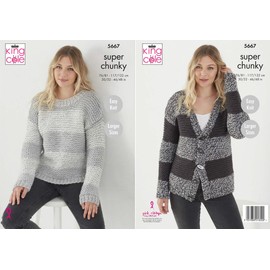 King Cole Ladies Super Chunky Knitting Pattern Easy Knit Striped Sweater & Cardigan (5667)