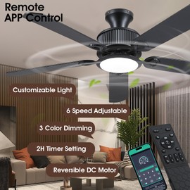 Surtime 52" Ceiling Fans with Lights-Low Profile Ceiling Fan with Light and APP&Remote Control,Flush Mount Ceiling Fan for Indoor/Outdoor,3 Colors Dimmable,5 Reversible Double-Sided Blades（Black）
