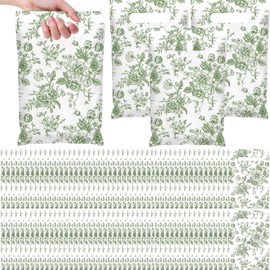 Supervitae 100 Pcs Plastic Green Gift Bags Flower Party Favor Bags Bulk with Handles for Birthdays Weddings Bridal Baby Showers Snacks Goodie Candy Treat Tea Party Supplies