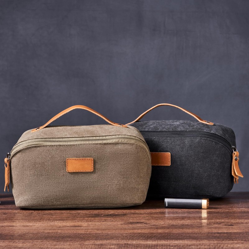 PAHVRION Canvas Toiletry Bag for Women with Genuine Leather Handle,Travel
