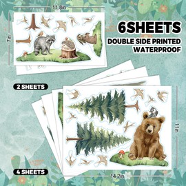 Whaline 6 Sheets Spring Forest Window Cling Stickers Watercolor Mountain Tree Animal Window Decals Large Reusable Window Decoration for Party Home Office Classroom