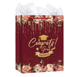 HEYINSHEN Graduation Gift Bag Red Graduation Gift Bag with Tissue Paper 13" Large You Did It Graduation Party Favors Gift Bags for Woman Girls High School College Graduates Graduation Party Bags