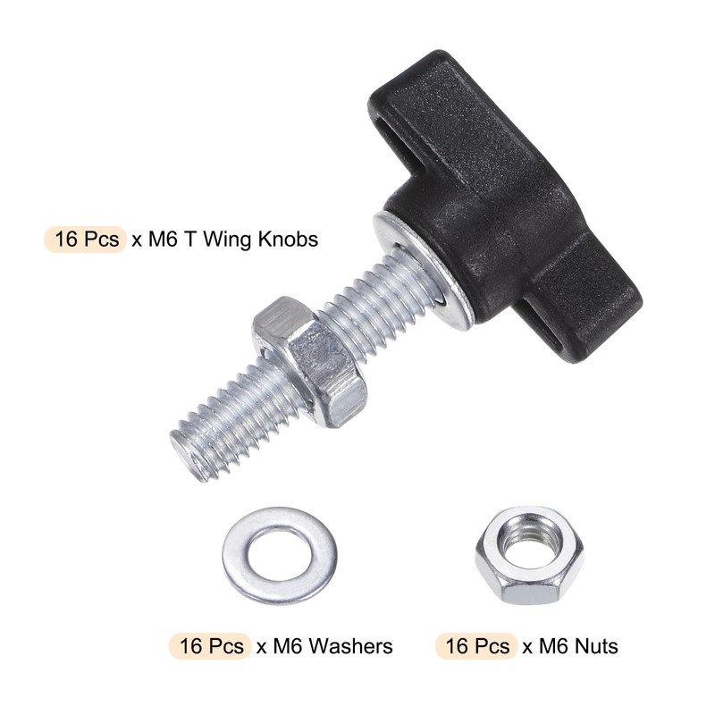 sourcing map 16pcs Tee Wing Knobs M6 x 25mm Metric