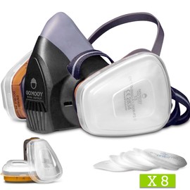 Gomooy Atemschutzmaske Gasmaske Doppelfilter | NEU DESIGN 8 ERSATZ FILTER INBEGRIFFEN | Halbmaske Staubmaske Atemschutz Arbeits Schutz Für Sprüh Chemikalien Pestizid Dämpfe Lackiermaske |