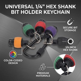 6Pcs 1/4 Inch Hex Shank Magnetic Screwdriver Bit Holder Keychain Set - Aluminium Alloy Drill Bit Storage Organizer with Key Ring for Portable Tool Organisation
