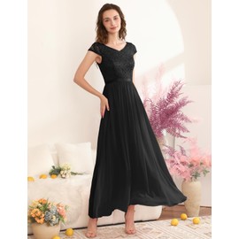 DTESSTELLS Womens Long Beach Bridesmaid Wedding Guest Dresses Formal Black Dresses for Women Funeral 2023 V-Neck Evening Party with Cap Sleeves Black XL