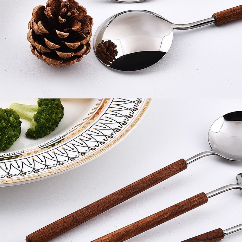 Ouliget Retro Wooden Handle Spoon,Stainless Steel Serving Tablespoons,Wooden DinnerSpoon,Silver Silverware