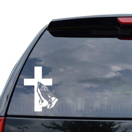 Christian Cross Praying Hands Decal Sticker Car Truck Motorcycle Window Bumper Laptop Wall Decor - Size (22 inch / 56 cm Tall) - Color (Gloss White)