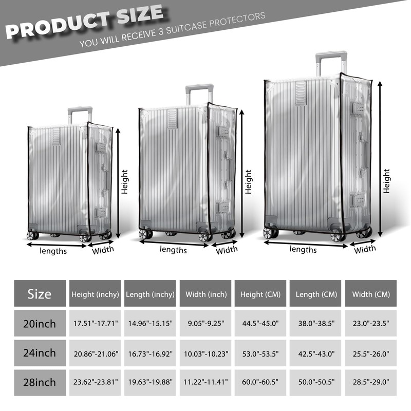 3 Pieces Clear PVC Suitcase Covers for Luggage, Waterproof Anti-scratch