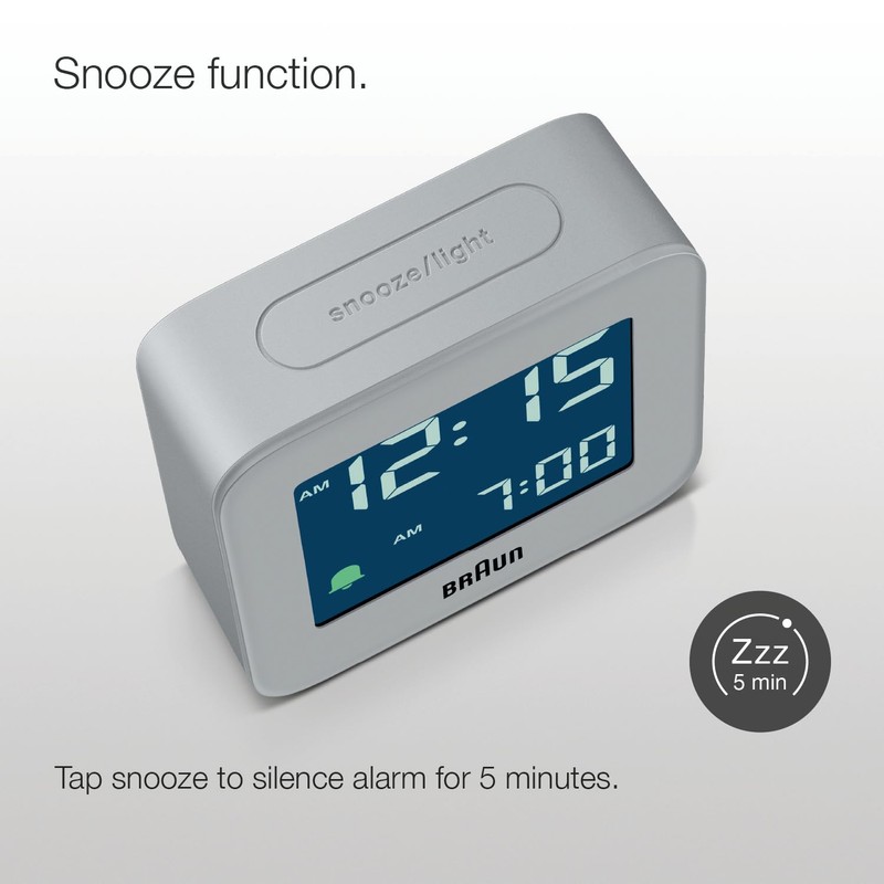 Braun Digital Travel Alarm Clock with Snooze, Compact Size, Negative