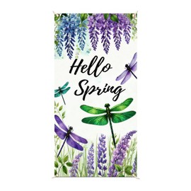 BlissYard Hello Spring Door Cover 71x35 Inch Spring Dragonfly Door Wisteria Banner Front Door Decorations Colorful Flower Door Cover Sign Photo Background for Welcome Spring Indoor Outdoor Decor