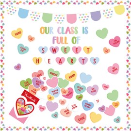 CPicdn 130Pcs Valentine’s Day Conversation Heart Bulletin Board Classroom Decoration Set, Sweet Candy Heart Cutouts Banner Name Tags, School Classroom Chalkboard Wall Decor Valentines Party Supplies