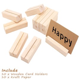 Bssowe Pack of 10 Wedding Place Card Holders, Wooden Place Card Holder, Oak Card Holder, Atur Cardboard, Wedding Table Number Holder, Comes with 10 Sheets of Kraft Paper, for Wedding Party