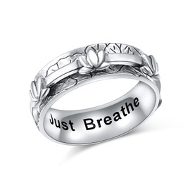 Lotus Anxiety Relieve Spinner Rings Just Breathe Yoga Flower Fidget Ring Wide Band Oxidized ADHD Stress Relieving Ring for Women(N-1/2)