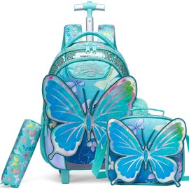 ZBAOGTW Butterfly Rolling Backpack for Kids 8-12 Girls Rolling Backpack Kids Trolley School Bag with Wheels Roller Backpacks for Girls Cute Schoolbag with Lunch Bag Set for Elementary