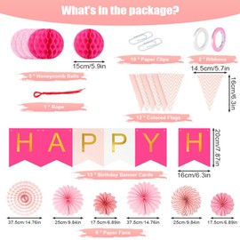 OSDUE Reusable Birthday Decoration, Pack of 26 Rainbow Party Decoration Set, Happy Birthday Garland, Bunting, Honeycomb Balls, Paper Fans, Reusable Party Decoration for Men and Women (Pink)