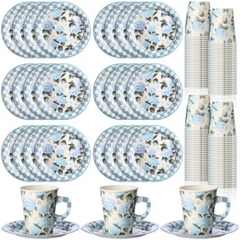 Rtteri 50 Sets Floral Tea Cups and Saucers Disposable Tea Party Decorations Blue White Hydrangea Paper Cups with Handles and Plates for Weddings Birthday Baby Shower Party