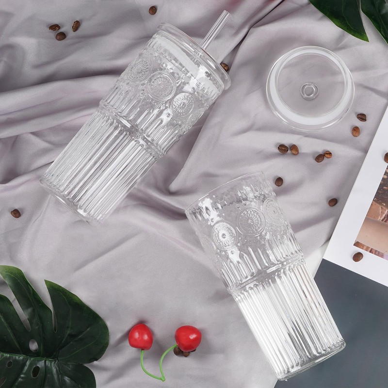 Bandesun All Glass Iced Coffee Cup With Lids and Straws，24