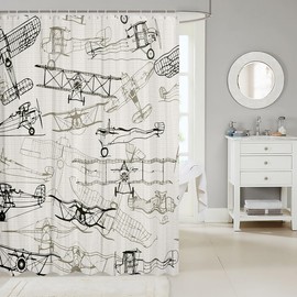 Manfei Aircraft Kids Shower Curtains,American Airplane Retro Bathroom Curtains for Girls Boys Adults,Air Vehicles Airplane Beige Black Vintage Waterproof Curtains,12 Hooks Suits,72" W x 72" L