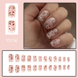 Square Flower Press on Nails Medium 3D Bee False Nails Cute Fake Nails with Floral Designs Summer Nails Press ons Medium Length Acrylic Glue on Nails Art Kit Small Daisy Stick on Nails for Women Girls
