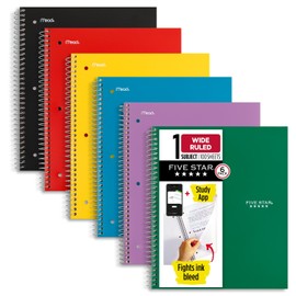 Five Star Spiral Notebook + Study App, 6 Pack, 1 Subject, Wide Ruled Paper, 8" x 10-1/2", 100 Sheets, Fights Ink Bleed, Water Resistant Cover, Assorted Colors (38042)