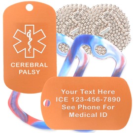 Custom 2 Pack - Cerebral Palsy Medical Alert ID Necklaces with Copper Custom Tags, Red/White/Blue Silencers, and 30'' USA Chains