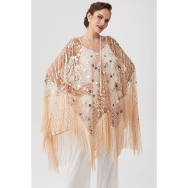 BABEYOND 1920s Sequin Beaded Shawl Wraps Fringed Evening Cape Scarf for Wedding (Champagne)