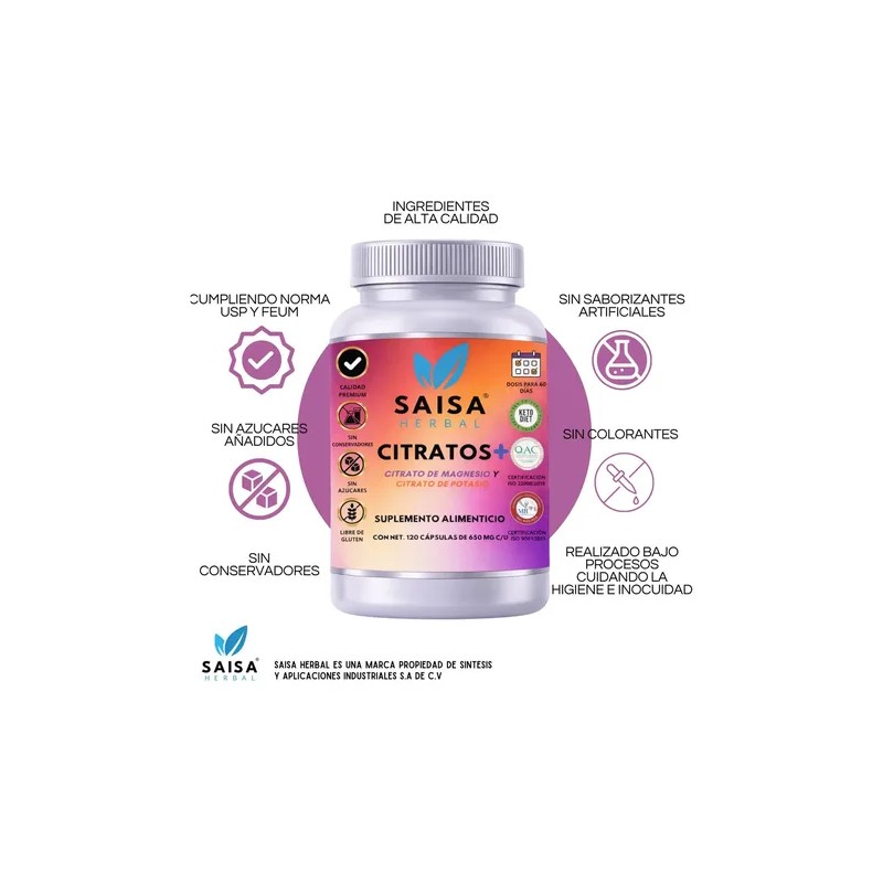 Citrato Magnesio Potasio 650 120 Cápsulas Saisa Herbal Suplemento Alimenticio