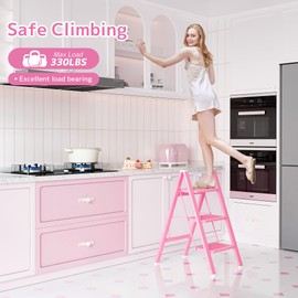 GameGem Pink Step Ladder 3 Step Folding, Small Step Stool for Women to Reach Higher Places, Widen 7.9Inch Pedal for Comfortable Use, Anti-Slip Foot for Safe Use, Sturdy and Fold Thin, 330Lbs Load
